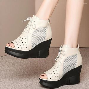 Sandals Lace Up Fashion Sneakers Women Genuine Leather Platform Wedges High Heel Gladiator Female Peep Toe Summer Punk Creepers