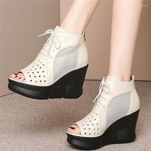 Sandálias Lace Up Moda Sapatilhas Mulheres Plataforma De Couro Genuíno Cunhas De Salto Alto Gladiador Feminino Peep Toe Verão Punk Creepers