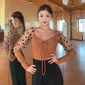 Stage Wear Brown Ballroom Dance Clothes Mesh Sleeve Women Performance Costume Adult Prom Waltz Tango Tops DL11362