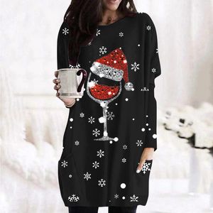 Blusas femininas blusa feminina bonito natal vinho vidro impressão camisas soltas casual duplo lado bolso superior das mulheres manga longa pulôver blusa