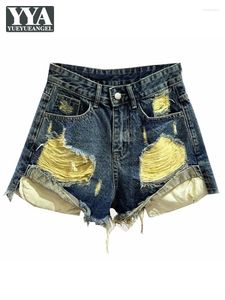 Women's Jeans Vintage Women Hole Ripped Denim Shorts Tassels High Waist Casual Trousers Summer Hip Hop Pocket Flare Short Streetwear