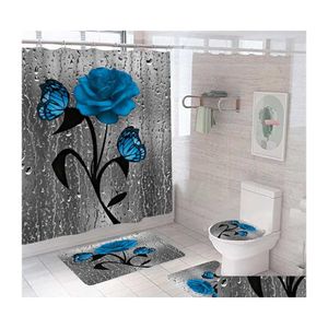 Tenda Blu Fiore Farfalla Bagno Tappetino Antiscivolo Set Durevole Impermeabile Doccia Piedistallo Tappeto Coperchio Toilette Er Tappeti Da Bagno 210712 Drop De Dhdmn