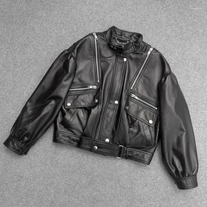 여자 가죽 2023 리더 코트 가을 여성 Zippers Short Sheepskin Genuine Jacket 캐주얼 펑크 느슨