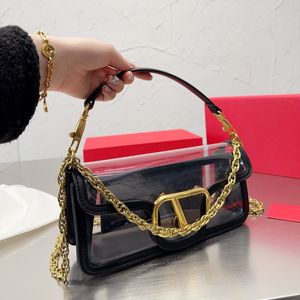 Designer handbag women's one shoulder bag fashion transparent bag pvc plastic bag gold logo chain underarm bag summer new baguette bag banquet bag