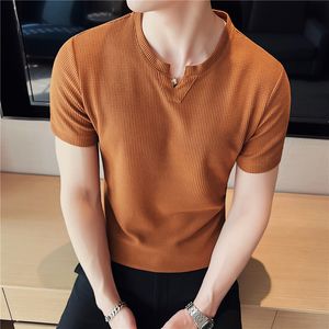 メンズポロス夏の通気性アイスシルク短袖TシャツhommeファッションラウンドカラースリムフィットカジュアルTシャツ男性衣料品セール230421