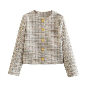 Kvinnor Casual Fashion Desinger Jackor Plaid mönster o-hals Single Breasted Tweed Woolen Coats XSSML