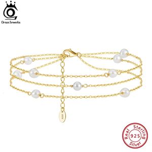 Fußkettchen ORSA JEWELS Dreilagiges Fußkettchen mit natürlichen Perlen für Damen, 925er Sterlingsilber, Sommer-Vintage-Fuß-Knöchelriemen, Schmuck SA52 231121