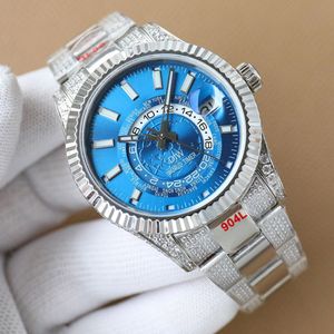 Diamond Watch Mens Automatic Mechanical 9001 Watches Sapphire 42mm Datum Display Månad Display årlig kalender Display Dual Time Zones Watch Montre de Luxe