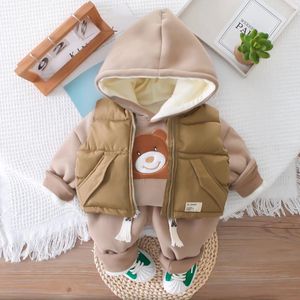 Kleidung Sets Jungen Dicke Kleidung Winter Kinder Daunen Weste Hoodies Mäntel Hosen 3 stücke Trainingsanzüge Für Baby Mädchen Warme Anzug kinder Im Freien Set