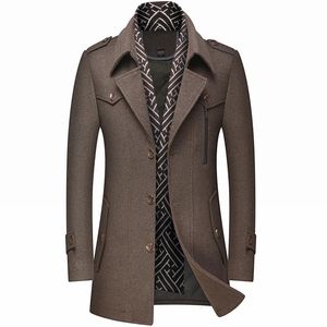Мужская одежда из смесовой шерсти, модный плащ, утепленная шерстяная куртка, шарф с воротником, средней длины, зимнее теплое пальто, мужская одежда 231120