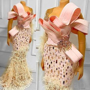 Light Pink Sexy Aso Ebi Bithday Party Prom Dress Feather Luxurious Mermaid Beaded Rehinestones Lace Appliqued Evening Gowns For Black African Brown Skin Women ST260