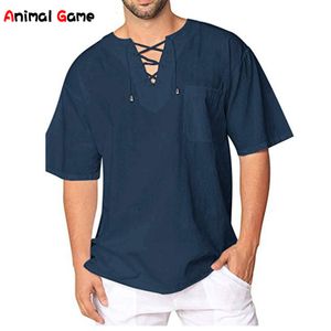 Мужские футболки летние льняные футболки с короткими рукавами с короткими рукавами с v-образным вырезом и кружевом Oversize для женщин, мужчин и женщин, мужские топы, футболки, одежда 230420