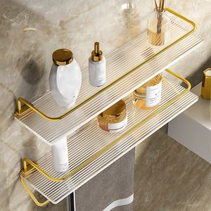 Bathroom Shelves Bathroom Shelf Wall-mounted Storage Bracket With Towel Bar Acrylic Transparent Organizer Shelf Bathroom Accessories 230421