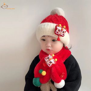 Caps Hats Baby Knitted Hat Scarf Set Autumn Winter Chinese Lion Cap For Girls Boys Cute Cartoon Christmas Scarf Baby One Year Old Gifts 231120