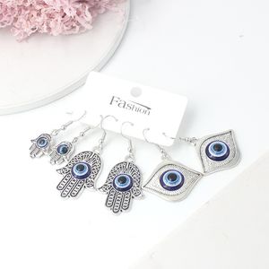 Großhandel 3 Paar glückliche blaue böse Augen-Hamsa-Hand-Ohrringe für Frauen, Geschenk, Familienschutz, Schmuck