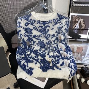 Kobiety dzianinowy sweter haft haftowy damskie krawędzi z długim rękawem pullover jumprt żeńskie ubranie niebieskie białe topy