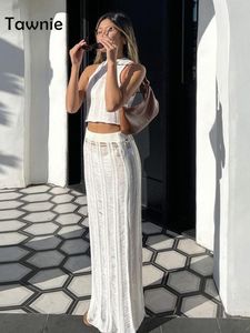 Two Piece Dress Tawnie Summer Knitted Dress Sets Women Bodycon Hollow Out Crop Tops Midi Skirt 2 Piece Set Sexy Beach Outfits Y2K Clothing 230421