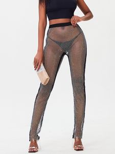 Women's Pants 2024 Fashion Rhinestone Bling Glitter Hollow Out Sexy Mesh Women High Waist Elastic Nightclub Joggers Leggings