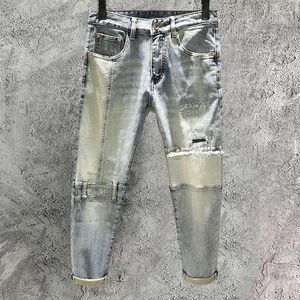 Erkekler Kot Patchwork moda yırtılmış jean cadde hip hop streç ince sonbahar tasarımcısı retro lokomotif