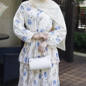 Ethnische Kleidung Sommer Chiffon Langes Kleid Blumendruck Plissee Schicht Rüschen Muslimische Frauen Abaya Dubai Turk Hijabi Robe Ramadan Eid Islam