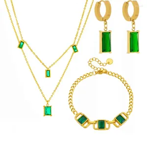 Halsband örhängen set 316l rostfritt stål enkelt fyrkantiga gröna zirkonarmband dubbelskikt smycken conuntos feminino femme