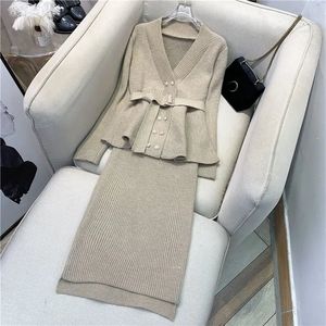 Duas peças vestido mulheres roupas conjunto primavera verão francês estilo celebridade malha cardigan camisola moda ultra fina meia manga 231120