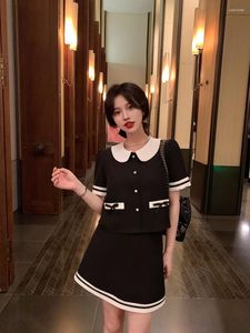 Work Dresses French Style Contrast Color Suit Women's Summer Turn Down Collar Top High Waist Skirt Two-Piece Set Fashion Female Clothes