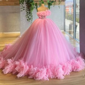 Baby Pink Tulle Formal Prom Dress 2024 Women One Shoulder Ruffles Ruched Flowers Pageant Evening Party Gowns For Birthday Robe De Soriee