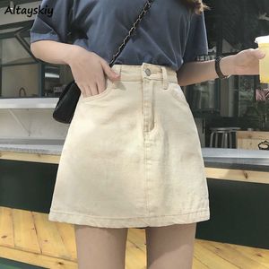 Skirts Women Solid Aline Denim Pockets Button Mini High Waist Allmatch Leisure Korean Chic Simple Womens Fashion Daily Elegant 230420