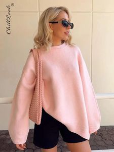 Женские брюки из двух частей, повседневный розовый свитер с круглым вырезом для женщин, осень-зима 2023, свободный женский пуловер с длинным рукавом, элегантная модная уличная одежда, трикотаж 231121