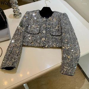 Jaquetas femininas Coreano Casaco Mulheres 2023 Temperamento Senhoras Tops Manga Longa O Pescoço Colheita Moda Vintage Glitter Thicked Ropa Mujer