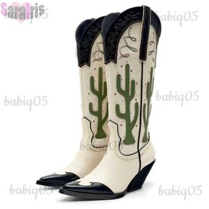 Boots Brand New Design 2023 Western Cowboy Mid Calf Women Boots Chunky High Heels Cactus Vintage Cowgirl Long Boots Retro Shoes Woman T231121