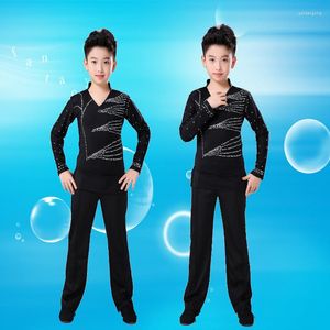 Bühnenkleidung Herren Latin Dance Shirts Herren Schwarz Glänzend Diamant Ballsaal Kostüm Top Boy Competition Dancewear Rumba/Samba/Cha Cha Shirt