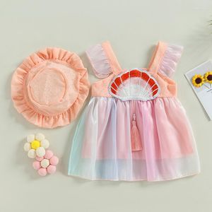 Vestidos femininos nascidos vestidos de verão infantil bebê conjunto para criança manga de princesa bordado tule tule tule de retalhos A-line with chat