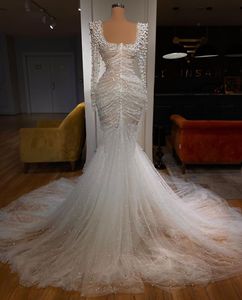 Luxury Pearls Mermaid Wedding Dress 2023 Square Neck Long Sleeve Beaded Bridal Gown Vestidos de novia