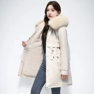 Женские тренчи, женские зимние длинные тонкие парки, куртки 2023, повседневные флисовые пальто с большим меховым воротником внутри, толстое теплое пальто с капюшоном, женская верхняя одежда