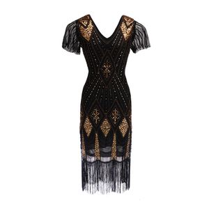 Verzierte, mit Perlen verzierte Pailletten-Robe, Vestidos, Flapper-Vintage-Kleid mit V-Ausschnitt und Schmetterlingsärmeln für Damen, langes Great-Gatsby-Kleid