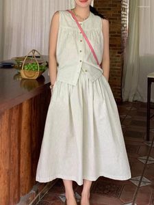 Work Dresses Vintage Women Summer Two Piece Set Korean Fashion Striped Sleeveless Tank Tops And Midi Skirt Suits 2 Outfits 2023