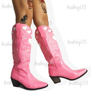 Stövlar Cowboy Knee High Boots For Women Western Love Heart Slip på staplade klackar Långa stövlar Pekade tå Walking Casual Autumn Shoes T231121