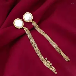 Dingle örhängen 2023 Long Tassel Women Party Jewely Flat Coin Shape 12-13mm äkta sötvatten Pearl Barock örhänge