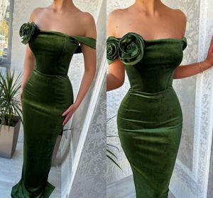 Elegant Dark Green Mermaid Evening Dresses for Women Off Shoulder Handmade Flower Velvet Formal Occasions Wear Party Second Reception Birthday Pageant Prom Gowns