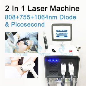 Dispositivo di depilazione laser 2 in 1 Diodo Depilazione laser con ghiaccio Pico Secondo Nd Yag Q Switch Rimozione del tatuaggio laser Pigmentazione Trattamento delle lentiggini