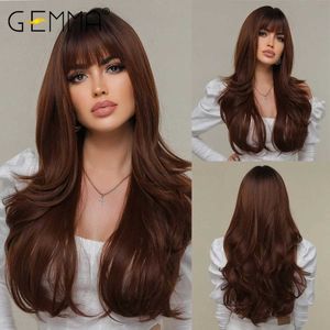 Perucas de cabelo Gemma longo ombre vinho marrom onda vermelha sintética com franja cosplay peruca ondulada para mulheres alta temperatura natural falso 231121