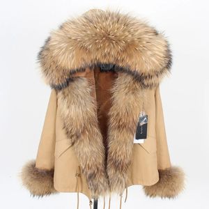 Women's Down Parkas Maomaokong Khaki krótka kolor Parma Winter Jacket Women Fur Plat Natural Raccoon Hood Artificial Liner luksus 231121