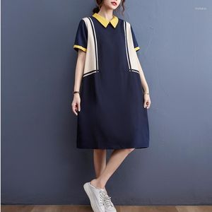 Casual Dresses #3309 Blue Yellow Shirt Dress Women Short Sleeves Loose Polo Neck Knee-length Female Spliced Color Woman Thin