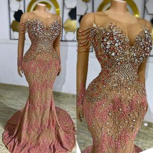 الوردي الفاخر Aso ebi Prom Dresses Mermaid Lace Doot Crystals Hearged Develd Dontructions African African Nigeria Styles Event Party ST318