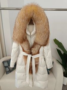 Kvinnor Down Parkas Ofbuy Real Fox Fur Collar Winter Women White Duck Long Jacket Bälte Kvinnlig tjock varm kappa lyx Slim Huveed Ytterkläder 231120