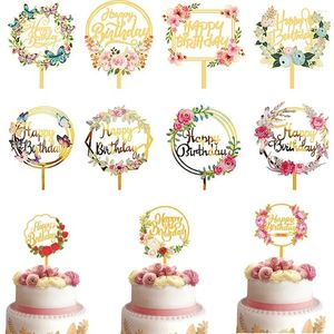 Party Supplies Flower Plant Happy Birthday Cake Topper Gold 3D Akryl Kids Dessert för Baby Shower Gift Decoration