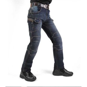 Herr jeans trend taktiska last män avslappnad militär armé denim byxor raka elastiska stretch tygbyxor streetwear kläd