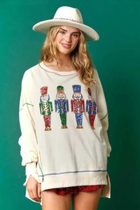 Women's Hoodies Sweatshirts Women's Christmas Pink Nutcracker Sweatshirt New Sequins Washed Versatile Crew Neck Top Sweaterl